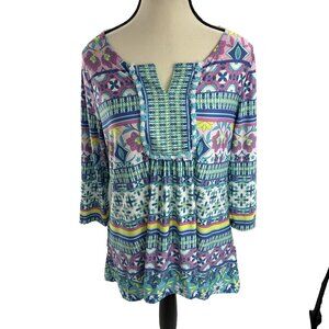 Ruby Rd Womens M Petite Multicolor Boho Geometric Print 3/4 Sleeve Tunic Top